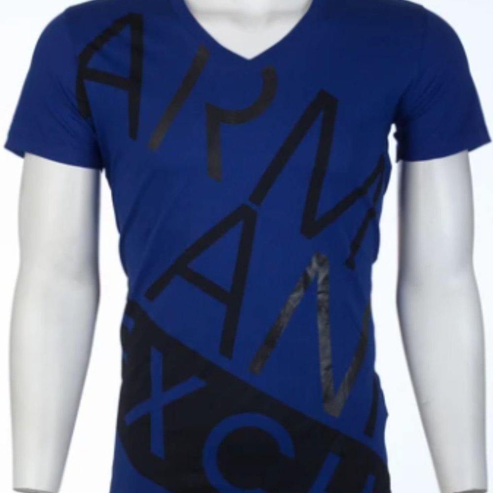 ARMANI EXCHANGE Mens Short Sleeve BIAS V-neck T-Shirt (Royal Blue)